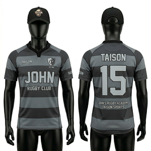 เสื้อรักบี้ผู้ชายพรีเมียม 220 GSM โพลีเอสเตอร์อินเตอร์ล็อค สีเทา-ดำ แถบลายทาง ระบายอากาศได้ดี โลโก้แบบซับลิเมชั่นสั่งทำพิเศษ ทรงพอดีตัว - Product Image 1