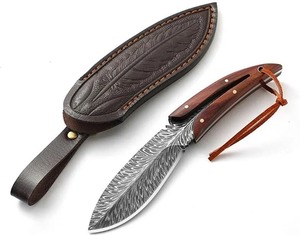 Couteau de chasse à lame fixe en acier inoxydable Feather, manche en bois, étui en cuir, couteau de chef, DIY OEM, multi-usages - Product Image 1