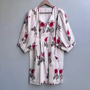 Mini-tunique formelle en coton 100% naturel, imprimée à la main, faite à la main, écologique, col en V, manches 3/4, ourlet à volants en dentelle, lavable - Product Image 1