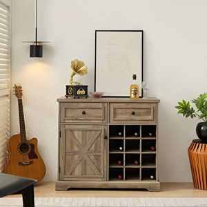 Credenza Stile Fattoria con 2 Cassetti e Bar Portabottiglie Rimovibile, con Ripiani e Portabottiglie per Conservazione Liquori - Product Image 1