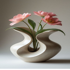 Jarrón ondulado abstracto color crema que muestra delicadas flores rosas. Belleza escultural moderna disponible a precios de mayorista. - Product Image 1