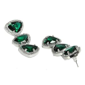 <b>Silver</b> Plated Alloy <b>Necklace</b> <b>and</b> <b>Earring</b> <b>Set</b> with Green Trillion Cut Crystal Rhinestones for Women Party Classic Jewelry - Product Image 2