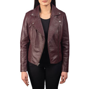 Chaqueta de Motocicleta para Mujer, Color Borgoña, Cuero Genuino, Impermeable, con Detalles de Botones, Corte Entallado, Cierre Cruzado, Estilo de Diseñador, Producción OEM al por Mayor - Product Image 3