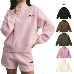 Conjunto de Sudadera Rosa de Media Cremallera para Mujer, Manga Larga, Color Sólido, Casual, Holgado, con Pantalones Cortos, Estilo Primavera, 100% Algodón Transpirable - Product Image 2