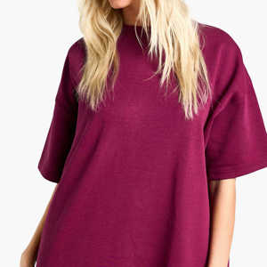 Camiseta de Jersey para Mujer, Cuello Redondo, Manga Corta, Corte Holgado, Color Sólido, Borgoña - Product Image 3