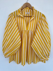 Women Formal Summer Yellow <b>White</b> Striped Print Shirt with Ruffle Neck <b>Balloon</b> Sleeves Gathered Flared Hem Top 100% Cotton - Product Image 4