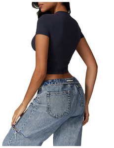 Haut de yoga à col montant pour femme, respirant, uni, séchage rapide, t-shirt de sport, logo personnalisé, manches courtes, chemises ajustées, OEM - Product Image 4