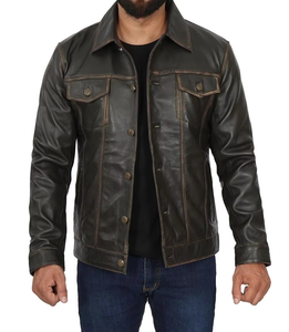 Wholesale <b>Trucker</b> Fashion Distressed Dark Brown <b>Men</b> <b>Jacket</b> Real Leather - Product Image 1