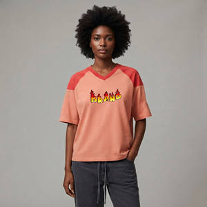 New Arrival 2026 Women's V-Neck Raglan Sleeve T-<b>Shirt</b> With <b>Flame</b> Logo Print Loose Fit Cotton Jersey Casual Spring Summer Wear - Product Image 4