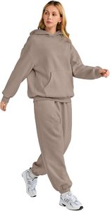 Conjunto Deportivo con Capucha para Mujer, Color Sólido, Corte Holgado, Sudadera y Pantalones Largos con Bolsillos Laterales, 100% Algodón, Otoño - Product Image 4
