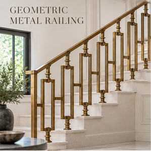 Geometric Bronze Metal Stair Railing with Open Rectangle Balusters for Modern Villas Hotels and Interiors - Product Image 2