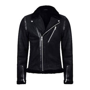 เสื้อแจ็คเก็ตหนังแกะบุขนแกะสีดำสำหรับผู้ชาย แจ็คเก็ตมอเตอร์ไซค์หนังแกะแท้บุขนสัตว์ อุ่นสบายสำหรับฤดูหนาว สไตล์คลาสสิก - Product Image 1