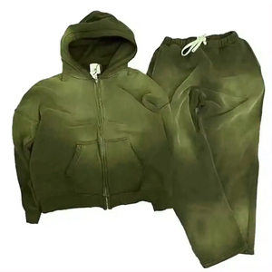Chándal unisex verde oliva con capucha y cremallera, chaqueta y pantalones a juego, color sólido, corte holgado informal, manga larga, ropa de otoño - Product Image 1