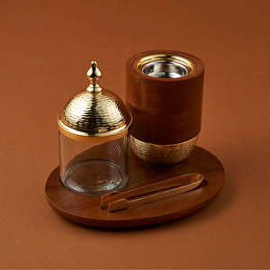 Ensemble de brûleur d'encens Bakhoor en bois et laiton de luxe avec pot en verre et plateau - Product Image 5