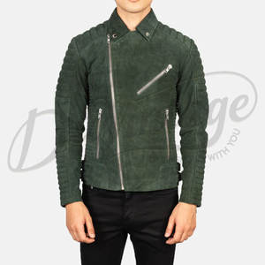 Blouson de motard en cuir suédé vert émeraude pour homme, coupe ajustée, épaules matelassées, en cuir véritable, vêtement de moto - Product Image 3