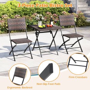 Ensemble de bistrot en rotin avec table et chaises pliantes d'extérieur 3 pièces avec sièges en osier pour meubles de patio - Product Image 6