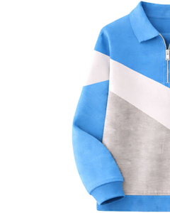 Pull décontracté pour homme en polyester tricoté, coupe droite, col rabattu, avec blocs de couleur bleus et fermeture éclair quart de tour, idéal pour l'automne - Product Image 4