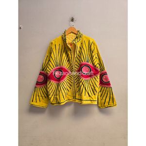 เสื้อแจ็คเก็ตคอจีนปักลายตาสีเหลือง แขนยาวทรงปีกค้างคาว ผ้าฝ้ายสำหรับฤดูใบไม้ร่วง เสื้อโค้ทผู้หญิง - Product Image 3
