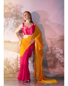 Sari KV de Georgette Rosa con Bloques de Color y Blusa sin Coser - Product Image 4