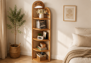 Modern Corner Storage Shelf Wooden <b>Bookcase</b> with <b>Rattan</b> Back Panel Home Furniture Manufacturer - Product Image 3