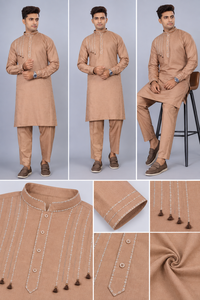 Mens Designer Beige Kurta Pajama <b>Set</b> Linear Thread Embroidery Ethnic Wear Indian Pakistani Party Outfit Wholesale Supplier - Product Image 5
