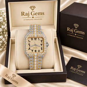 นาฬิกาข้อมือ Raj Gems Luxury Square Moissanite Quartz หน้าปัดแสดงวันที่ สายสแตนเลสสตีล ตัวเรือนสีทองเหลือง ขนาด 41 มม. พร้อมสายแบบ Deployment Long - Product Image 1