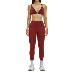 Custom Logo Front Women Solid Contrast Color Strappy Sportswear Workout <b>Gym</b> Fitness Yoga Bra <b>Set</b> High Waist Breathable Leggings - Product Image 2