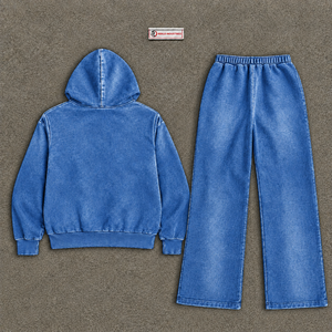 Ensemble de survêtement vintage bleu délavé pour homme : sweat à capuche et pantalon de jogging – Tenue décontractée streetwear et sportswear tendance – Vente en gros personnalisée OEM - Product Image 6