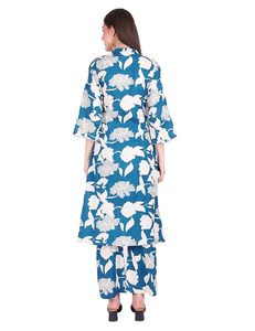 SAZU Blue Floral Printed Kurti Set for <b>Women</b> Elegant A-Line <b>Kurta</b> with Matching Wide-Leg Pants Comfortable Ethnic Suit Set - Product Image 5
