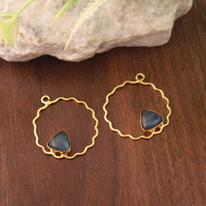 Natural Blue Labradorite Trillion Gems Connector Scalloped 18k Gold Plated Circular Brass Frame Single Bail Jewelry Components - Product Image 2