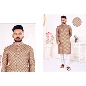 LIN DOUX À USAGE MARIAGE AVEC SEQUENCE AU CROCHET TRAVAIL ET IMPRESSION NUMÉRIQUE KURTA ET PYJAMA MARRON - Product Image 1