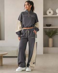 Webson <b>Women's</b> Color Block Tracksuit Set <b>Half</b>-<b>Zip</b> <b>Sweatshirt</b> Drawstring Pants Regular Fit Casual Winter Wear 100% Cotton Plus - Product Image 2