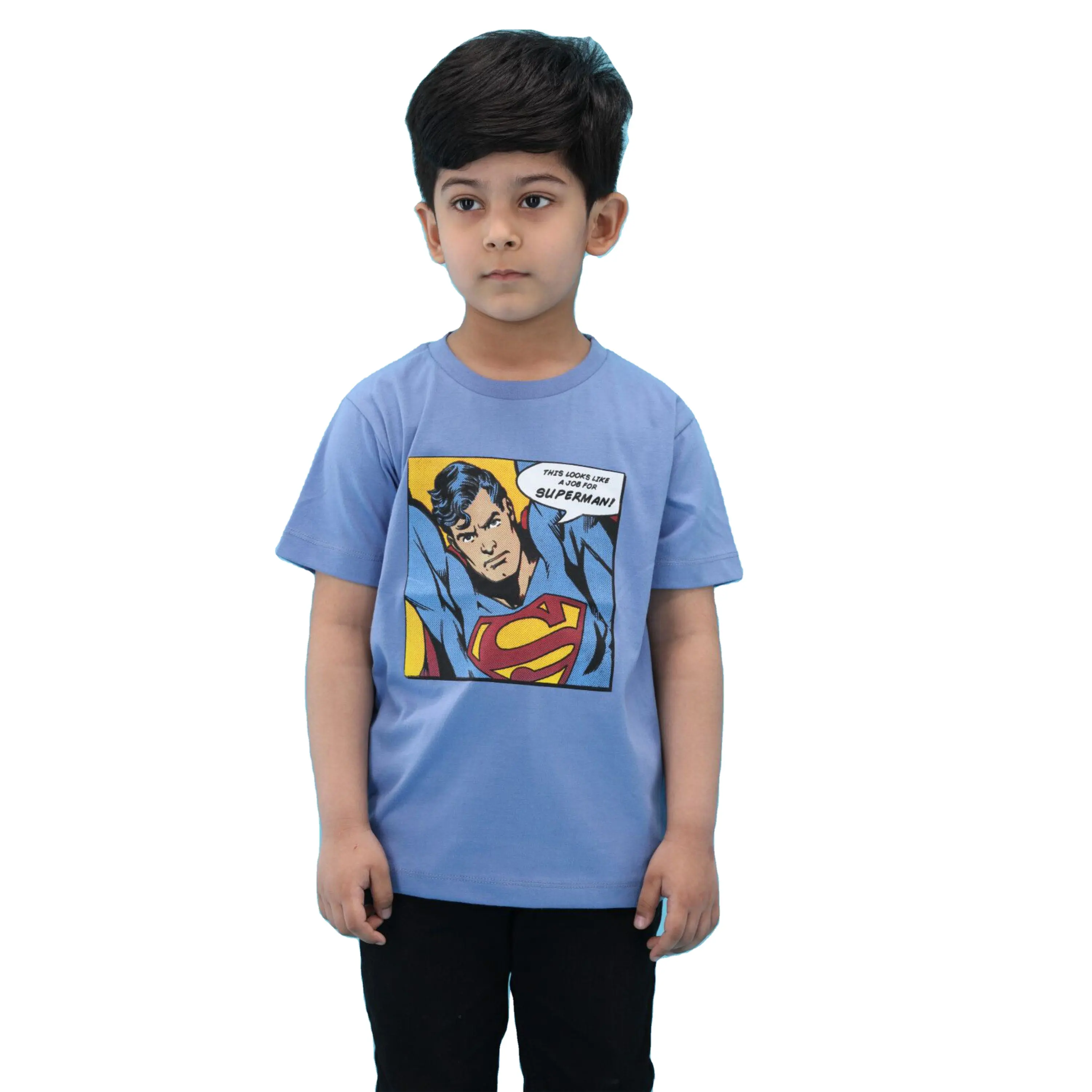Custom OEM/ODM 100% Knitted Pure Combed Cotton Fabric Regular Length Short Sleeves Sky Blue T-Shirt for Boys