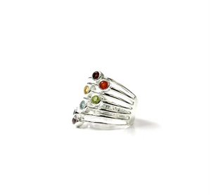 Multi Gemstone Chakra <b>Ring</b> 925 <b>Sterling</b> <b>Silver</b> Round Bezel <b>Set</b> 7 Stone Wide Band Spiritual Protection Gift - Product Image 2