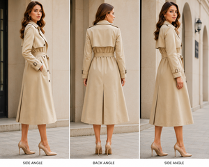 Women's Elegant Double Breasted <b>Trench</b> Coat Long Beige Woven Cotton Polyester Belted Winter <b>Waterproof</b> Windproof Full Sleeve - Product Image 3