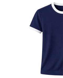 เสื้อยืดคอกลมสีน้ำเงินกรมท่าสำหรับผู้หญิง แต่งขอบคอและแขนเสื้อสีขาว ตัดเย็บแบบลำลอง แขนสั้น ผ้าฝ้าย เหมาะสำหรับฤดูร้อน - Product Image 2