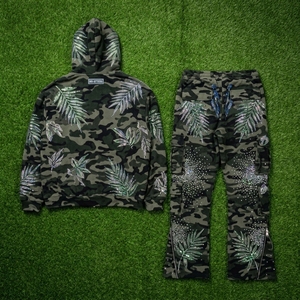 <b>Mens</b> <b>Camo</b> Tracksuit Set Rhinestone Leaf Print Hoodie <b>Cargo</b> Pants Custom Streetwear Sportswear Matching Outfit - Product Image 3