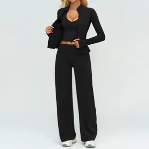 Women 3 Piece Yoga Set Gym Workout Outfit Wide Leg Pants Crop Top Jacket Breathable Stretch Fitness Wear Custom Logo Wholesale - Product Image 4