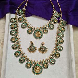South Indian Green Lakshmi Coin Semi Bridal Necklace Set-Fine Jewelry - Product Image 4