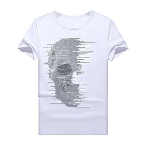 Camisetas de Última Moda con Mangas Cortas, Estampado de Calavera con Pedrería Negra, Corte Ajustado, Cuello Redondo, Estilo Urbano - Product Image 6