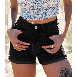 Nouveaux shorts en jean noir taille haute pour femme, coupe droite, délavés, décontractés, d'été, couleur unie, boutonnés sur le devant, coupe classique - Product Image 5
