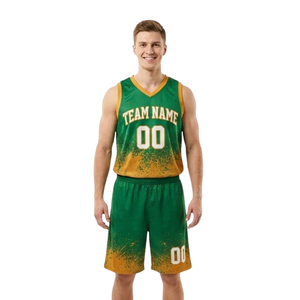 Ensemble d'uniformes de basketball personnalisés pour hommes, vert et or, maillot sans manches à col en V et short, imprimé éclaboussures, nom et numéro de l'équipe, vente en gros de tenues d'équipe - Product Image 1
