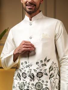 Conjunto de Kurta y Pantalón Daman Koti de Seda Pesada para Hombre con Bordado y Lentejuelas, Traje Étnico de Seda Slub para Fiestas y Bodas - Product Image 6