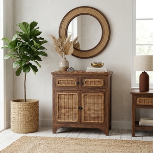 New Modern Minimalist Maluku Wooden Storage <b>Cabinet</b> Natural Rattan Wicker 2 <b>Small</b> Doors 2 Large Doors Side Table Unit Living Bed - Product Image 2