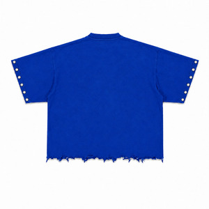 Camiseta Personalizada Extra Grande con Gráfico de Calavera Azul para Hombre, Estilo Urbano, de Algodón, con Mangas con Remaches y Dobladillo Desgastado - Product Image 2