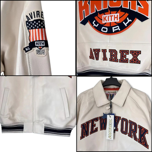 Veste bomber varsity en cuir crème de style New York Basketball |   Veste universitaire unisexe en cuir souple Cowsoft, style sportif et volume élevé - Product Image 3