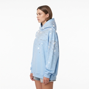 Sweat à capuche en coton pour femme avec strass étincelants, doublure tricotée, coupe oversize, bleu clair, mode hiver, streetwear décontracté, pull - Product Image 4