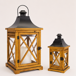 Farol de Madera Antiguo al por Mayor con Tapa Metálica, Farol Decorativo Ecológico de Vidrio Cuadrado para Centro de Mesa de Boda - Product Image 1
