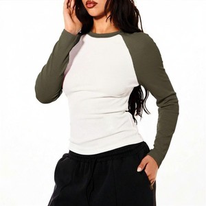 Trendy Custom Women's <b>Raglan</b> Sleeve Color Blocking T-Shirt O-Neck Long Sleeve Slim Fit Knitted Casual White And Sage Green Shirt - Product Image 1