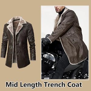 Cappotto <span class=keywords><strong>Trench</strong></span> da <span class=keywords><strong>Uomo</strong></span> in <span class=keywords><strong>Pelle</strong></span> <span class=keywords><strong>Marrone</strong></span> di Media Lunghezza con Fodera in Ecopelliccia, Colletto Rovesciato, Antivento, Giacca Invernale Vestibilità Regolare Stile Moto - Product Image 2